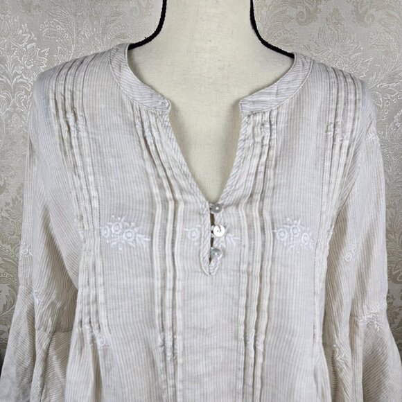Antibes Blanc Size Small Cream White Striped Tunic Flared Sleeves Split Vneck - Picture 2 of 16